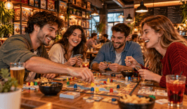 4 jóvenes jugando a juegos de mesa